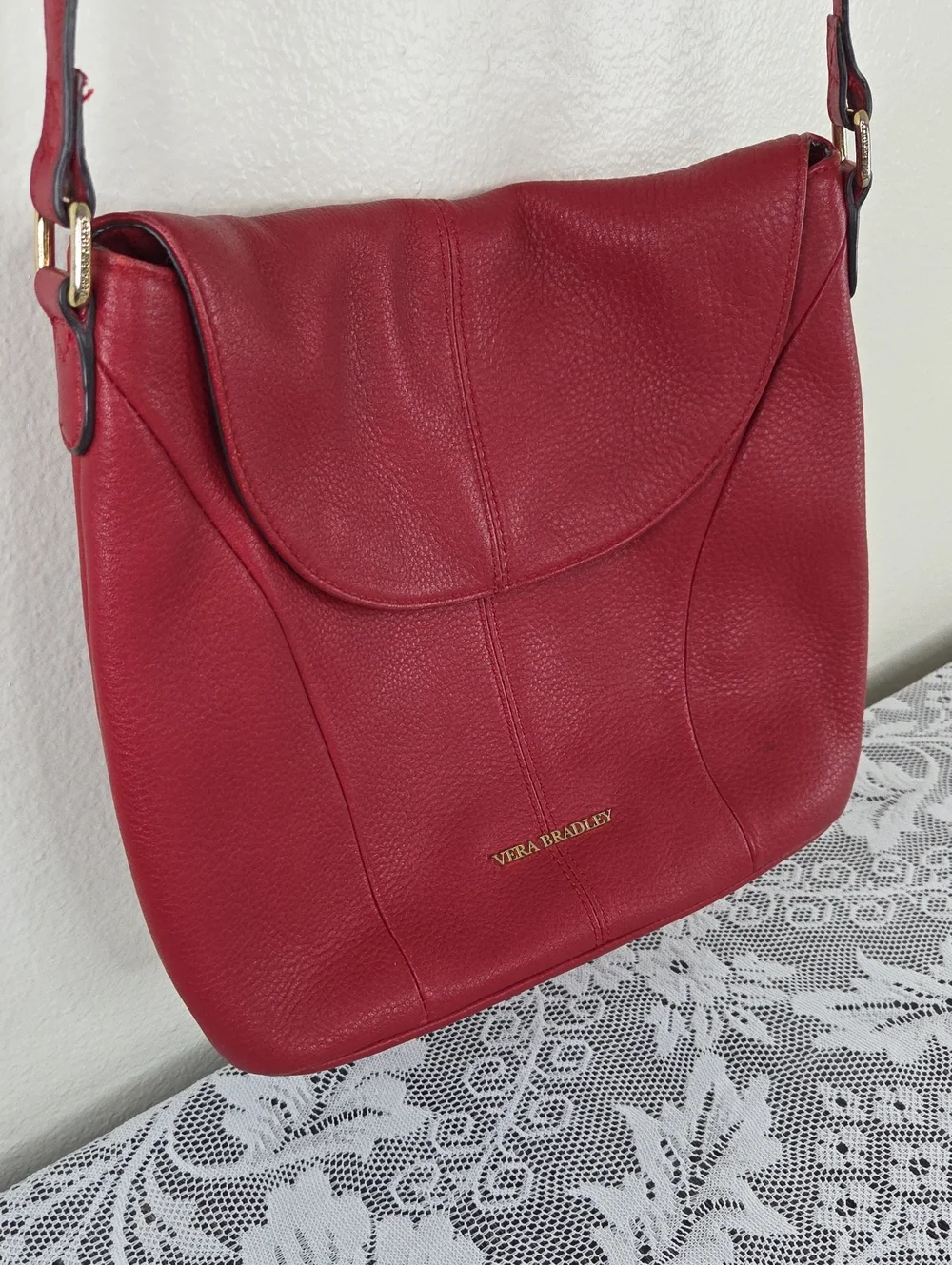 Vera Bradley Alexa Red Pebbled Leather Crossbody Shoulder Bag Adjustable Strap
